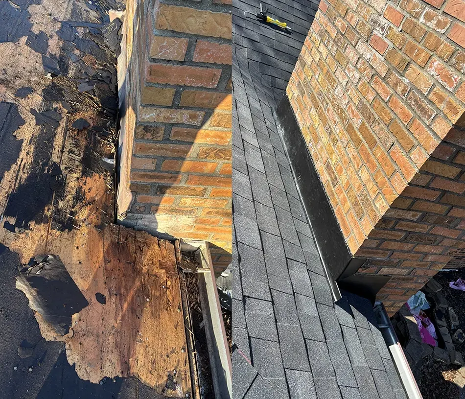 Roof damage next to a brick chimney with deteriorated decking and shingles