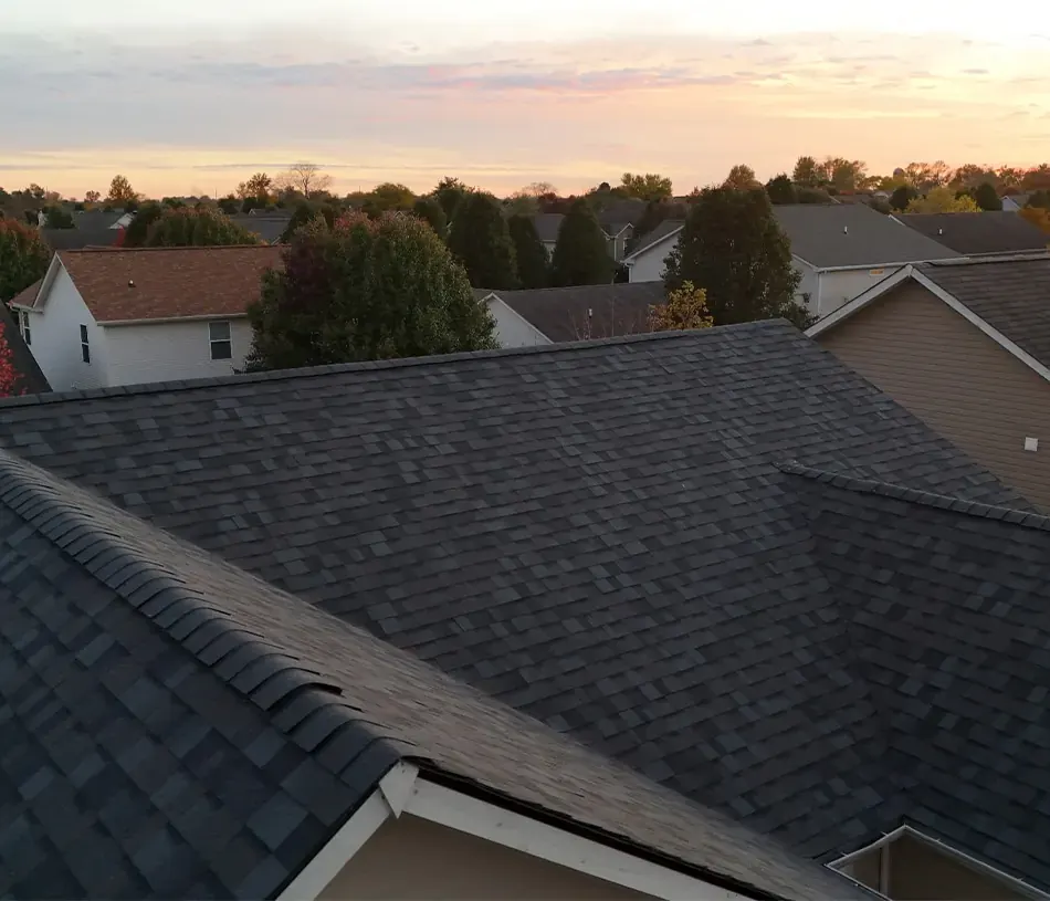 Dark shingle roof at dusk